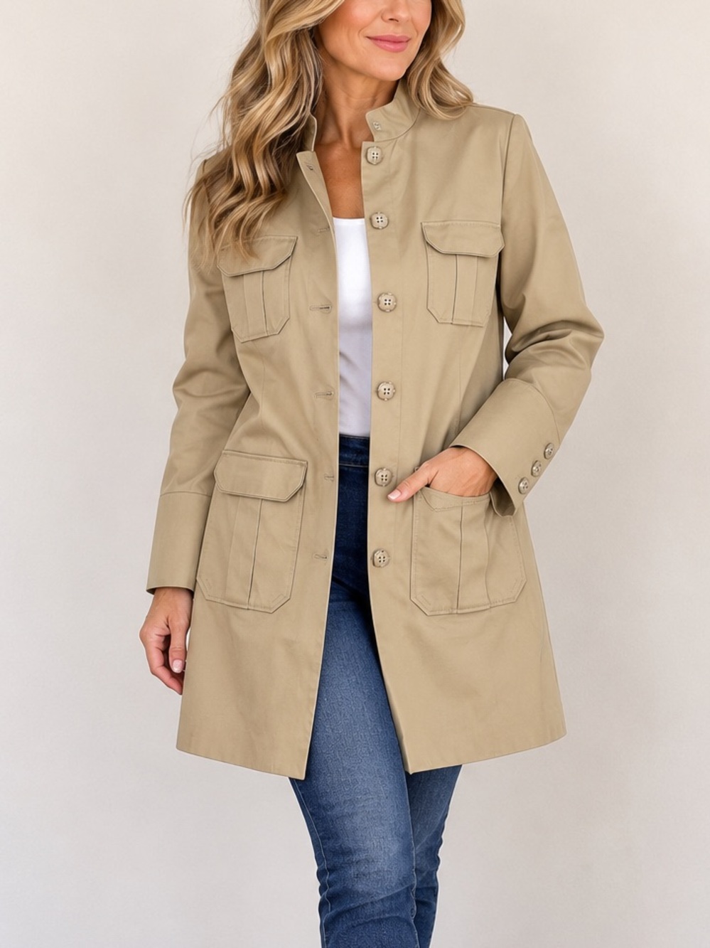 Dana Buchman Tan Cotton-Blend Military Style 3/4 Coat Utility Jacket M